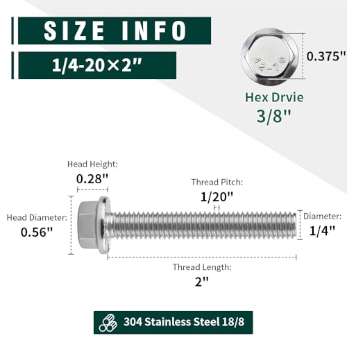 Image of 1 /4-20 x 2 Flanged Hex Head Bolts Screws, 304 Stainless Steel 18-8, Full Thread, Coarse Thread, 12 PCS