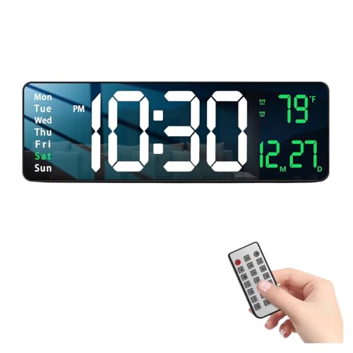 Image of EASEPRES 16 inch Digital Wall Clock with Remote Control - LED Display, Auto-Dimming,Dual Alram,Countdown Timer, Date, Day,Temperature & Calendar - 12 /24 Hour Format, ABS Rectangle Design (White + Green)