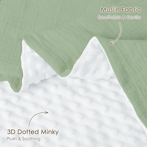Image of Baby Blankets for Boys Girls, Soft Nursery Minky Blankets with Muslin and Dotted Fleece Back 30x40 inches, Receiving Bed Quilt for Newborn, Infants, Toddlers (Green)