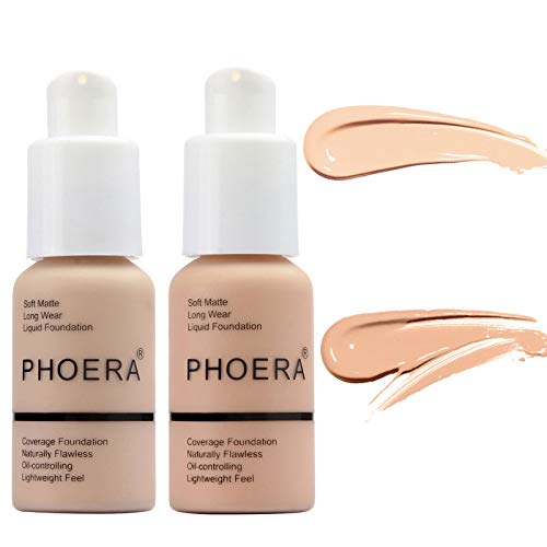2 Pcs PHOERA Soft Matte Full Coverage Liquid Foundation, Brighten Highlighting Matte Oil Control Concealer Facial Blemish Concealer Color Changing Foundation for Women Girls - 30ml
