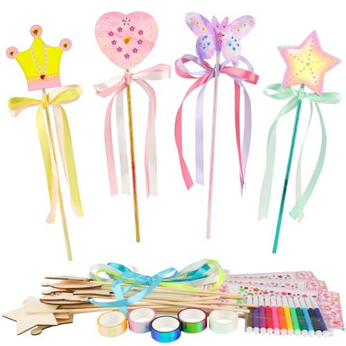 ZEFAN Lot de 14 baguettes magiques en bois avec 3 autocollants, 5 rouleaux de ruban adhésif, 12 crayons aquarelle, 14 rubans, baguette magique à paillettes...