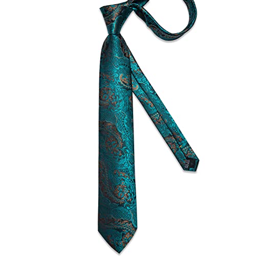 Image of DiBanGu Extra Long Tie for Men Silk 63 inch XL Necktie and Pocket Suqare Cufflinks Set Mens Big and Tall Tie Wedding Party Teal