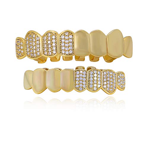 LuReen Diamond Grillz Mixed with 14k Gold Grillz for Men Women CZ 8 Teeth Hip Hop Mouth Grills for Your Teeth + Extra Molding Bars