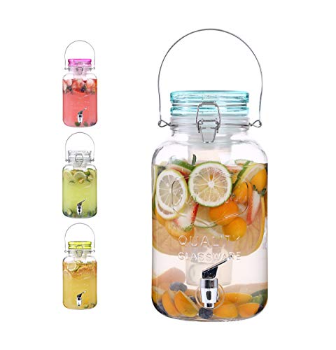 Emica Home 1 Gallon Cold Drink Glass Beverage Dispenser with Ice Infuser, Clear Bail & Trigger with Locking Clamp Drink Dispenser with Easy Flow Spigot for Outdoor, Parties and Daily Use