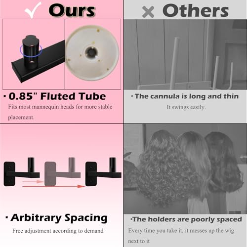 Wig Holder For Multiple Wigs, 4pcs Wig Head Stand For Styling , Wig Hanger Display Wig Mannequin Head Wall Mount Metal Rack (Black - Image 4