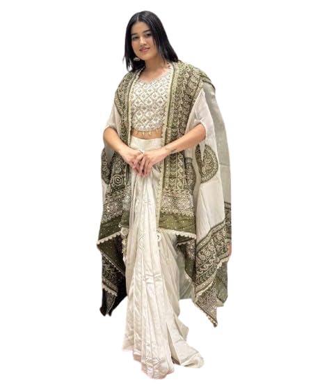 Lehenga Choli For Women's And Girls For Style Premium Chinnon Silk Fabric With Embroidey & Real Mirror work wedding bollywood party girls wear dhoti indo western Creem-image-44