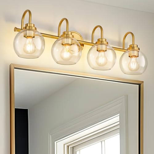 Image of Bathroom Light Fixtures, 4-Light Brushed Gold Vanity Lights with Globe Clear Glass, 30 Inch Champagne Bronze Vanity Lighting Fixtures Over Mirror, AD-22280-4W-GD