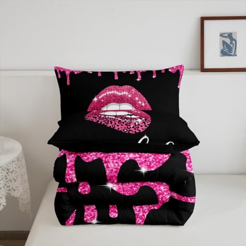 Image of Feelyou Get Naked Bedding Set Full Size, Pink Leopard Sexy Lips Comforter Set for Kids Boys Girls Teens Glitter Lips Comforter Get Naked Duvet Set Bed Set 3Pcs Reversible