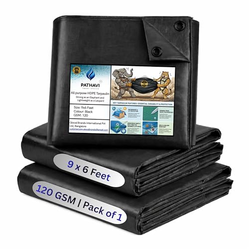 Image of Premium 9x6ft Black Tarpaulin, Thadika, 120 GSM Virgin Tharpai Sheet, Heavy Duty Waterproof Tadpatri Cover with Reinforced Eyelets & UV Protection, Ideal for Trucks, Farms, HomeUse, 1 Sheet