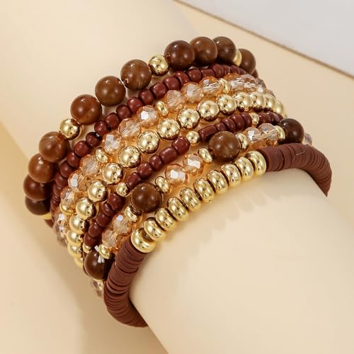 Bohemia Multilayer Stackable Crystal Beaded Bracelets Set Colorful Surfer Heishi Clay Gold Beaded Friendship Stretch Bracelets for Women Men Summer Beach Boho Vacation Jewelry Gifts3
