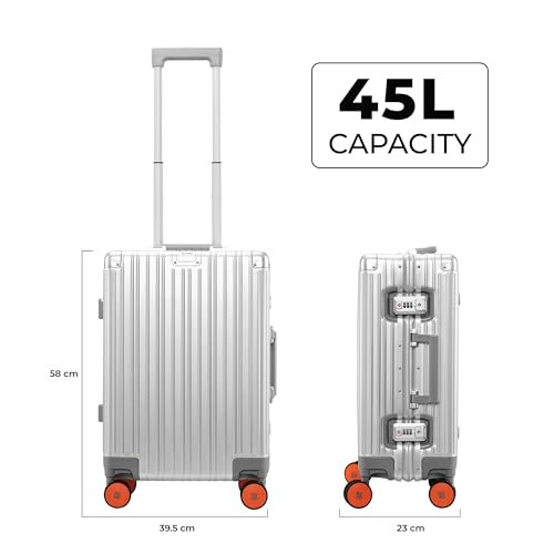 Image of EUME 100% Aluminium Cabin Trolley Bag Small for Travelling 50cm | Durable High-End 8 Silentrun 360 Degree Spinner Wheels | Premium Trolley Bag Small for Travel (Silver with Orange Wheels)