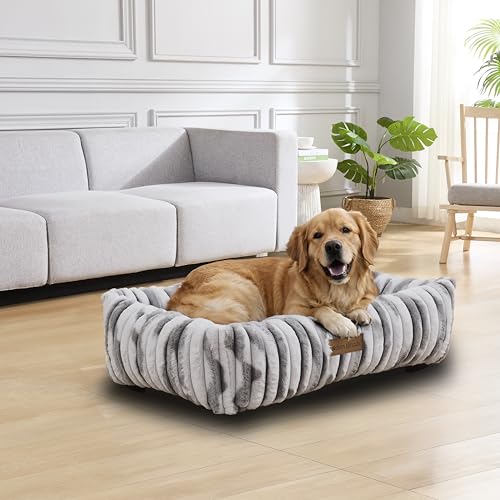 Image of Modern Threads Ribbed Plush Two-Tone Cuddler Dog Bed, Ultra-Soft Faux Rabbit Fur, Supportive Bolstered Sides, Removable Washable Cover, Bed for Medium to Large Dogs, Silver, (34 inch L x 25 inch W x 9 inch Th)