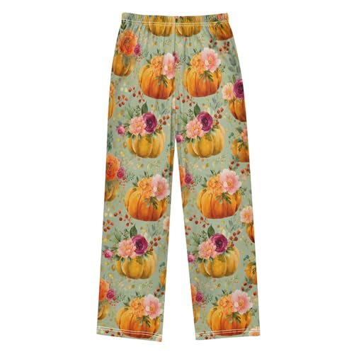 Pajama Pants Lounge Sleep PJ Bottoms Sleepwear Elastic Waist Drawstring S Pumpkin Flower Leaves2