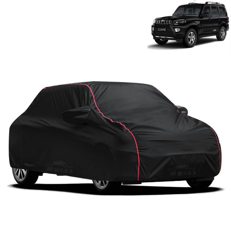 Image of Waterproof Car Cover for Mahindra Scorpio Classic | All-Weather Protection, Dustproof & UV Resistant | Triple Stitched Mirror Pockets, Windproof Buckle Strap with Elastic Hem, Black-Red Piping