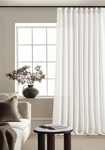 Image of TWODRAPES Beige White Pinch Pleated Linen Curtains 1 Panel for Living Room Bedroom Memory Training Shaped Semi Sheer Pleat Drapes with Hooks Rings Light Filtering Window Curtain 60x108