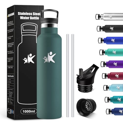 KollyKolla Botella Agua Acero Inoxidable 1L, Cantimplora Termo con Doble Aislamiento, Botella Termica con Pajita, sin BPA, Termo Reutilizable para Oficina, Camping, Niños, Fitness, Niños, Yoga