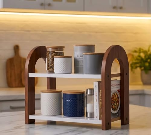 Image of FireBees 2 Tier Kitchen Counter Organizer, Wooden Kitchen Organizer Rack for Spices & Storage, Kitchen Shelf Organiser Stand, Masala Organizer Rack, Aesthetic Kitchen Organizer Items 33 x 16 x 25 cm