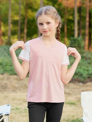 Image of GORLYA Girls Lace Sheer Sleeve Contrast T-Shirt Short Sleeve V Neck Casual Modest Tee Tops for 6-16Y