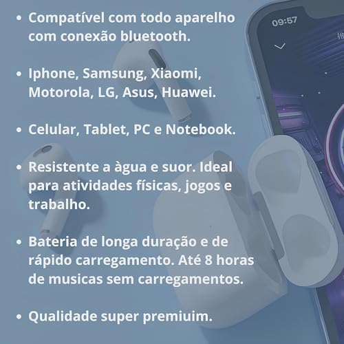 Fone de Ouvido Sem Fio Bluetooth 5.3 Premium Compatível com iPhone e Android, Microfone, Redução de
