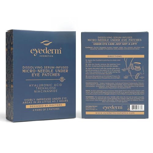 Eyederm Microneedle Eye Patches for Dark Circles & Puffy Eyes | Microneedle Patches with Hyaluronic Acid | Hydrating Under Eye Gel Patches for Wrinkles, Fine Lines | Non-Toxic & Paraben-Free | 4 Pairs