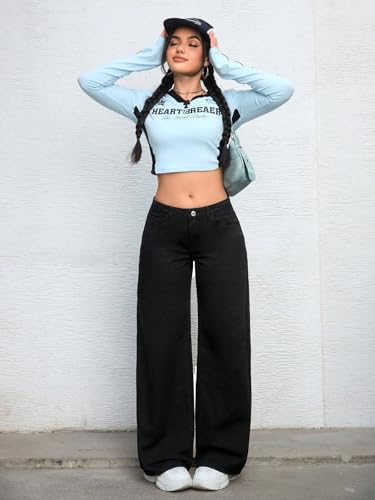 Image of Shasmi Women's Black Wide Leg Baggy Jeans High Waist Relaxed Fit Denim Pants - Loose Straight Fit Korean Style Oversized Casual Jean for Womens (Jeans 294)