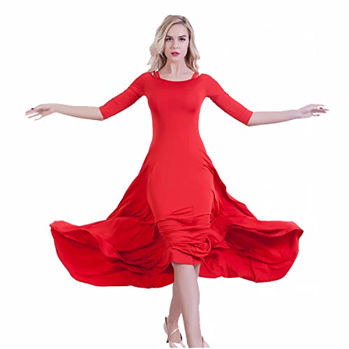 Women's Ballroom Dance Dresses Smooth Milk Silk Modern Waltz Flamenco Dance Dress Classic Exquisite Tango Foxtrot Dancewear Costume,Red,XL