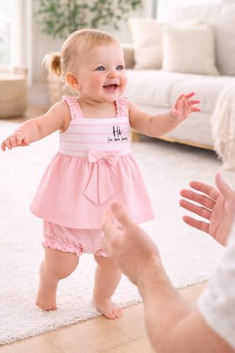 Image of Baby Girls Frock Dress with Bloomer Set | Short Sleeve Polka Dot Inner Layer & Bow Detail Special for 0-6 Months