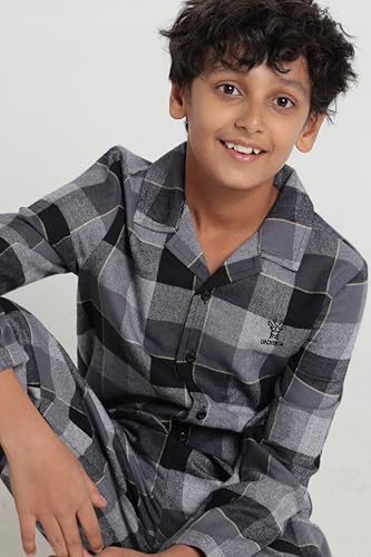 Image of Under Fourteen Boys Cotton Night Suit Set | Soft Breathable 2Pcs Sleepwear /Nightwear /Sleepsuit /Loungewear Co-Ord | Checks Top & Pyjama | Elastic Waist & Pockets | Multicolor Pajama Party & Gifting Set