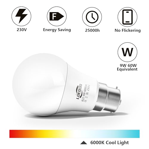 B22 Bayonet LED Bulbs 60W Equivalent, 9W Light Bulb, 806 Lumens, 6000K Cool White, Energy Saver Bulb, Non-Dimmable, Pack of 6 - Image 5