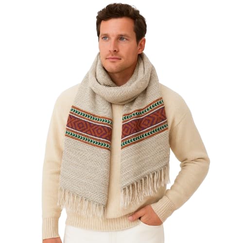 Luxury Winter Muffler for Men, Cream White with Tribal Pattern, Knitted Turtleneck Scarf with Fringe Detail-image-37