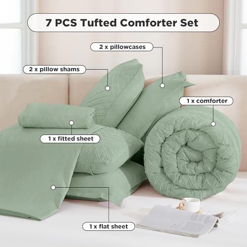 Image of Andency Super King Plus Comforter Set Sage Green - 7 Pieces Bed in a Bag Oversized King Bedding Sets, Boho Tufted Lightweight Fluffy Bed Set with Comforter, Sheets, Pillowcases & Shams