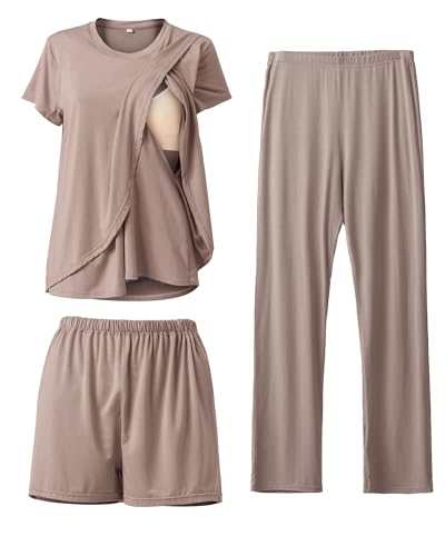 Image of Rnxrbb 3 Piece Postpartum Nursing Pajamas Set Casual Soft Maternity Breastfeeding Pjs Sleepwear Loungewear Clothes Layer