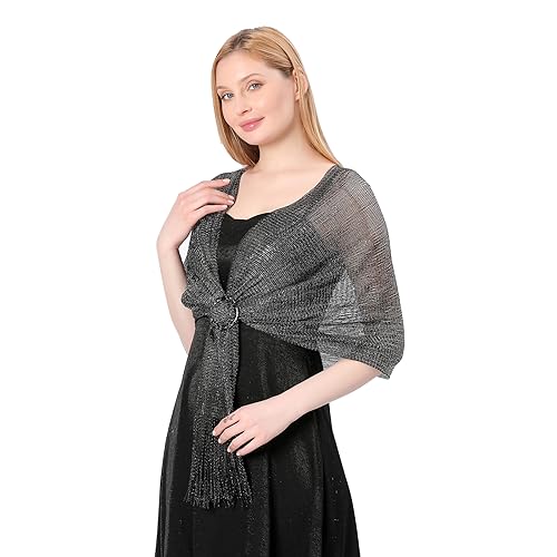 Image of Stoles for Evening Dress with Buckle, Fringes - Polyester Blend, Shimmer Stole Wraps for Weddings, Party | Women's Clothing