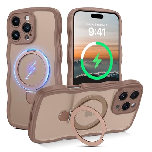 Image of GUAGUA for iPhone 16 Pro Max Case with Stand, Magnetic Cases Curly Wavy Edge Anti-Slip Translucent Matte Back Invisible Ring Shockproof Kickstand Cover for iPhone 16 Pro Max, Brown