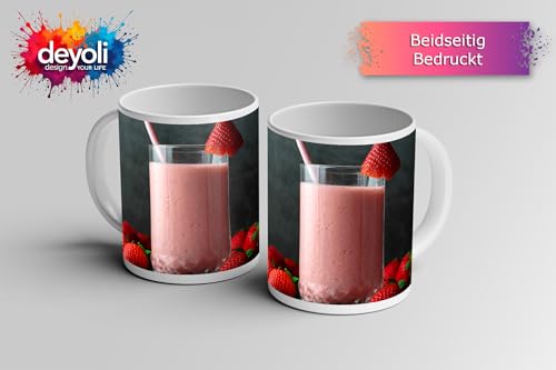 deyoli Motivetasse Cremiger Erdbeer-Smoothie, garniert mit frischen, roten Früchten 300ml, aus weißem Keramik/Kaffetasse/Geschenkidee