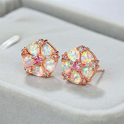 LOKILOKI Boho Female White Opal Stone Earrings Charm Rose Gold Color Stud Earrings For Women Cute Pink Crystal Flower Wedding Earrings