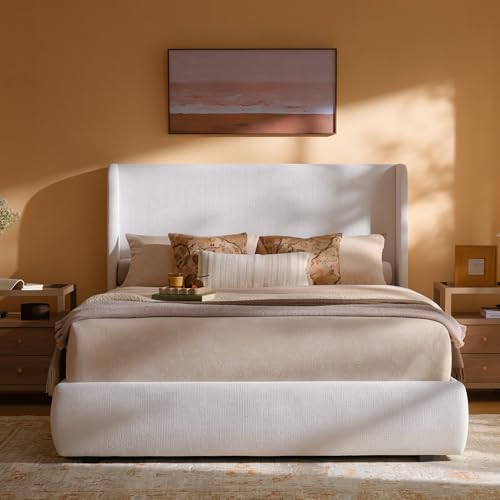 RECCI King Upholstered Wingback Bed Frame 52 Tall Cushioned Headboard Soft Edges Low Profile Platform Bed Sturdy Wood Slats No Box Spring Needed Ivory White Canvas