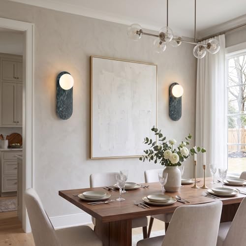 Image of Modern Green Marble Wall Sconce, Natural Stone Wall Lamp with Etched Opal Glass Shade, Mid-Century Minimalist Hardwired Wall Light for Bathroom Vanity, Bedroom, Living Room, Hallway 13.8in