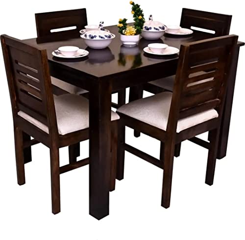 Image of Sheesham Wood 4 Seater Dining Table Set for Home Hall || Solid Wood Dining Table with 4 Cushion Chairs for Hotels || Dining Room Sets - Walnut Finish