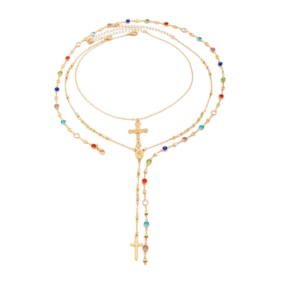 Image of SANNIDHI 3Pcs Necklace for Woman Gold Metal Cross Pendant Necklaces Layered Multi-colored Rhinestone Chain Stack Necklace Set for Women Stylish