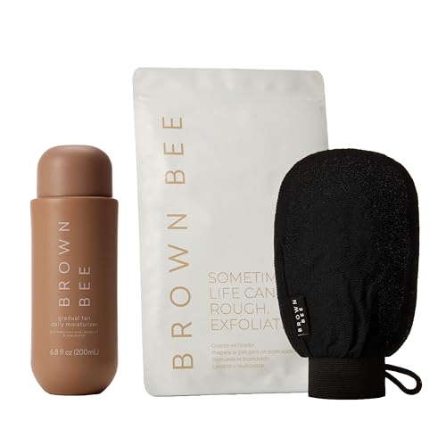 Brown Bee Gradual Tan Bundle, Gradual Tan Daily Moisturizer 200 ml & Exfoliating Mitt, 4-in-1 Gradual Self Tanner with Hyaluronic Acid, Shea Butter & Reusable Body Exfoliator Glove