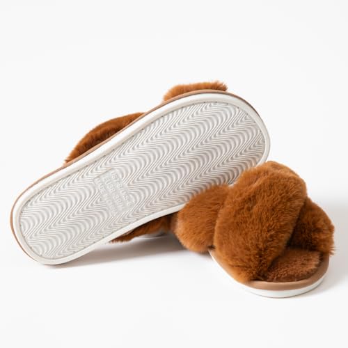Image of Women's Cross Band Fuzzy Slippers Fluffy Open Toe House Slippers