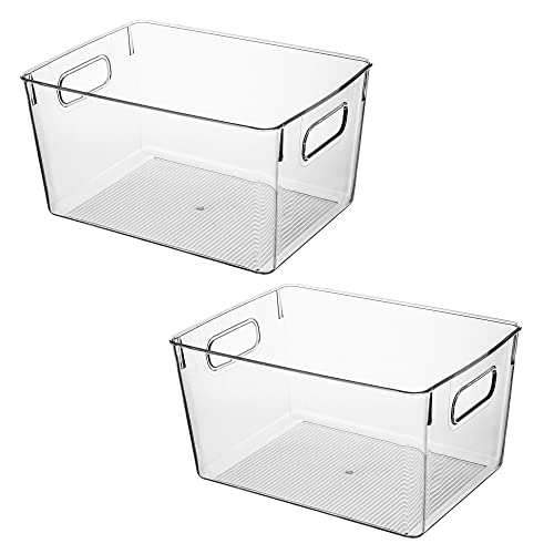 Amtido Clear Plastic Storage Bins for Fridge, Cupboard, Pantry, and Kitchen - Versatile Kitchen Storage Organiser for Food, Fruit, Vegetable, Cleaning Products, and Clothing Storage (2-Pack)