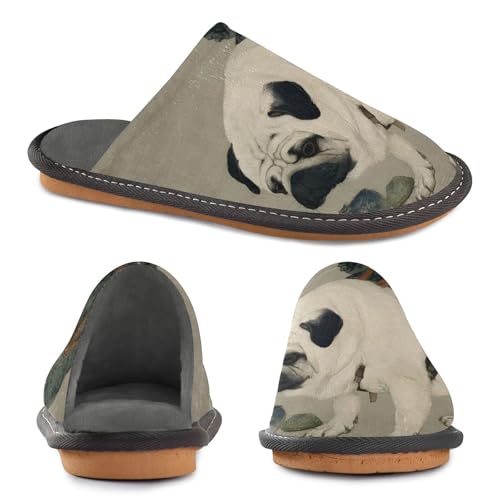 House Slippers Painting Pug Print, Outdoor Indoor Unisex Rubber Sole Memory Foam 4-53