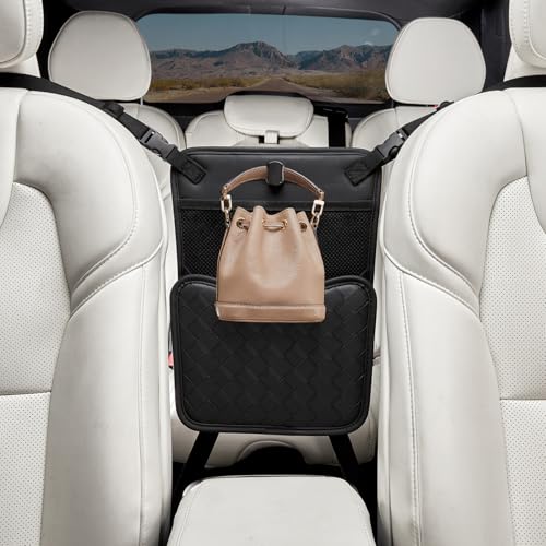 Veitail Purse Holder for Car Car Purse Holder Between Seats PU Leather Seat Back Organizer Large Capacity Bag Car Net Pocket Handbag Holder Pet Barrier(Black)