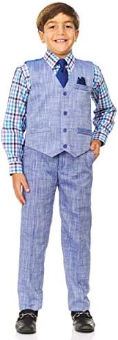 Vittorino Boy's Linen Look 4 Piece Suit Set with Vest Pants Shirt and Tie, Purple/Colorful Plaid, 5