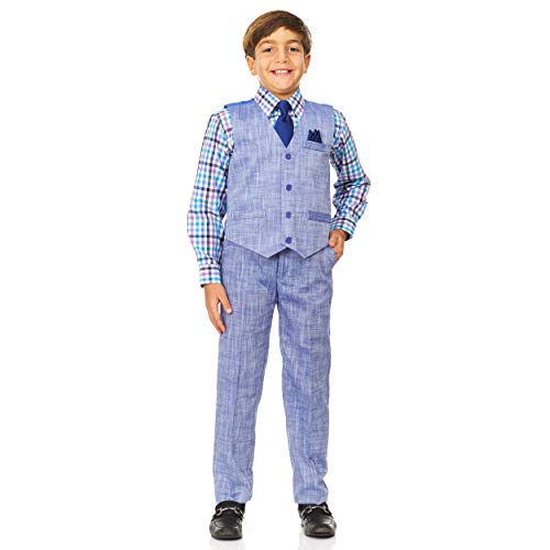 Vittorino Boy's Linen Look 4 Piece Suit Set With Vest Pants Shirt And Tie, Purple/Colorful Plaid, 5 #TOP14