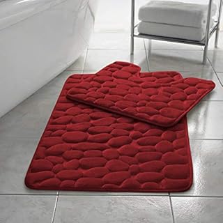 Memory Foam Bath Mat 2 Piece Set Pebbles Non Slip Pedestal and Bath Mat Toilet Bathroom (Red)