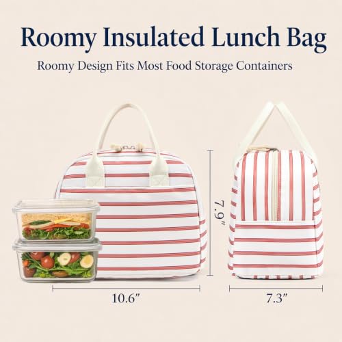 Image of LOVELYWIND Lunch Box for Women, Insulated Lunch Bag, Pink Stripe Tote