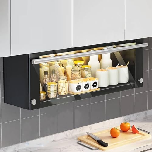 Estante flotante de pared for usar sobre la encimera de la cocina con puertas abatibles, gabinetes de cocina abatibles, estante for especias abatible de 2 niveles, práctico estante abatible resistente